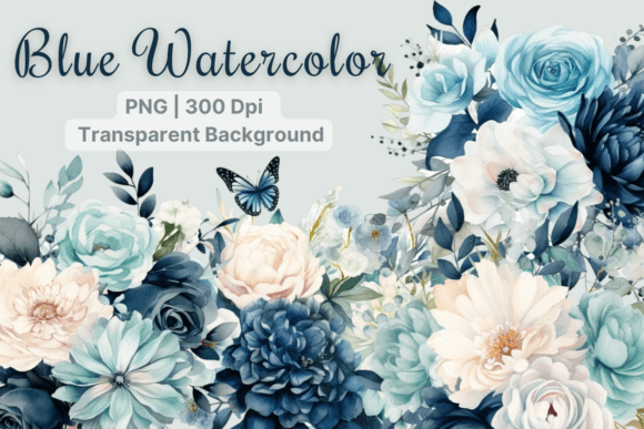 Blue Flower, Floral Watercolor Clipart for Graphics and Illustrations