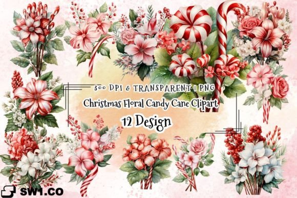 Christmas Floral Candy Cane Clipart Graphics and Illustrations Review