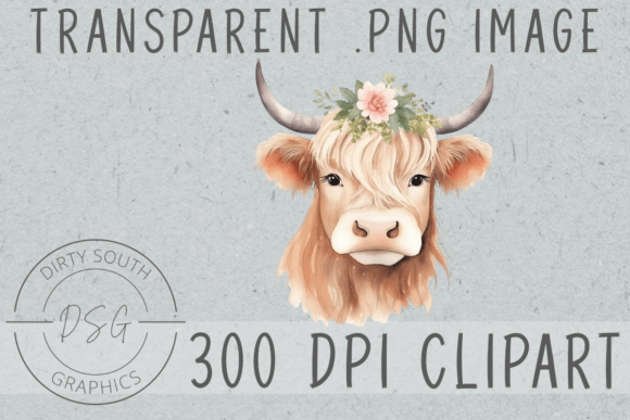 Floral Watercolor Highland Cow Graphics and Illustrations