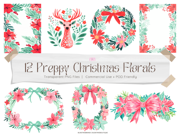Preppy Christmas Floral Border PNG Files Graphics