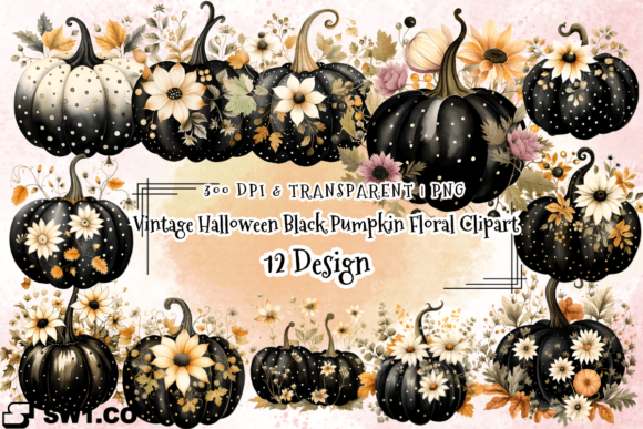 Vintage Halloween Black Pumpkin Floral Graphics and Illustrations Review