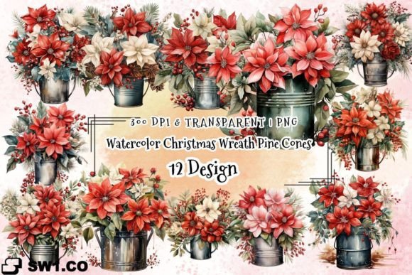 Watercolor Christmas Floral Sublimation Graphics and Illustrations