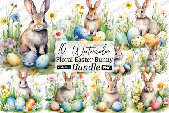 Watercolor Floral Easter Bunny Clipart Graphics & Illustrations