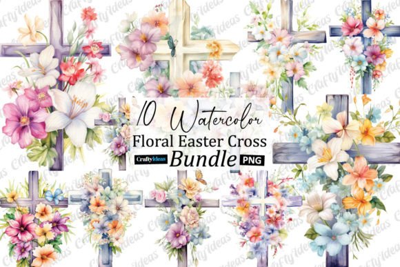 Watercolor Floral Easter Cross Clipart Graphics and Illustrations